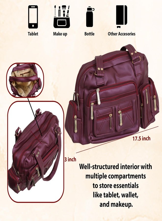 C Classic Women's Multi-Pocket Shoulder Bag, Faux Leather, Gold-Tone Zippers, Multiple Compartments, Adjustable Strap, for Work Travel Daily Use (Maroon) - Image 5